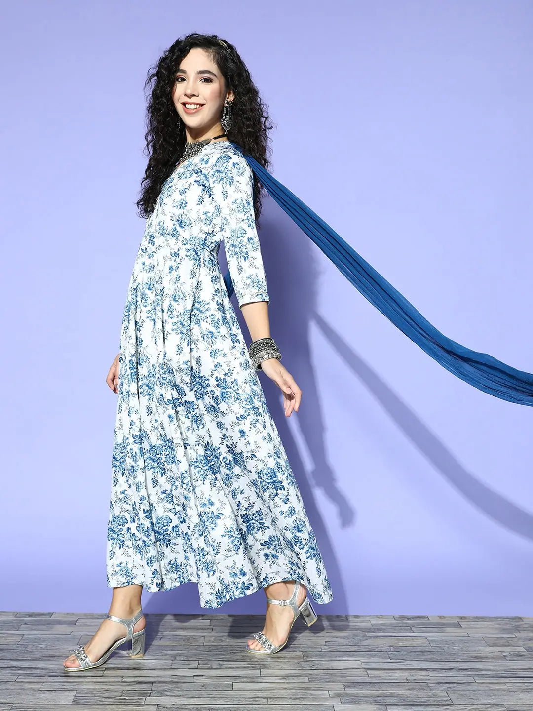 Blue Floral Chanderi Indian Dresses Online - Maxi Dress