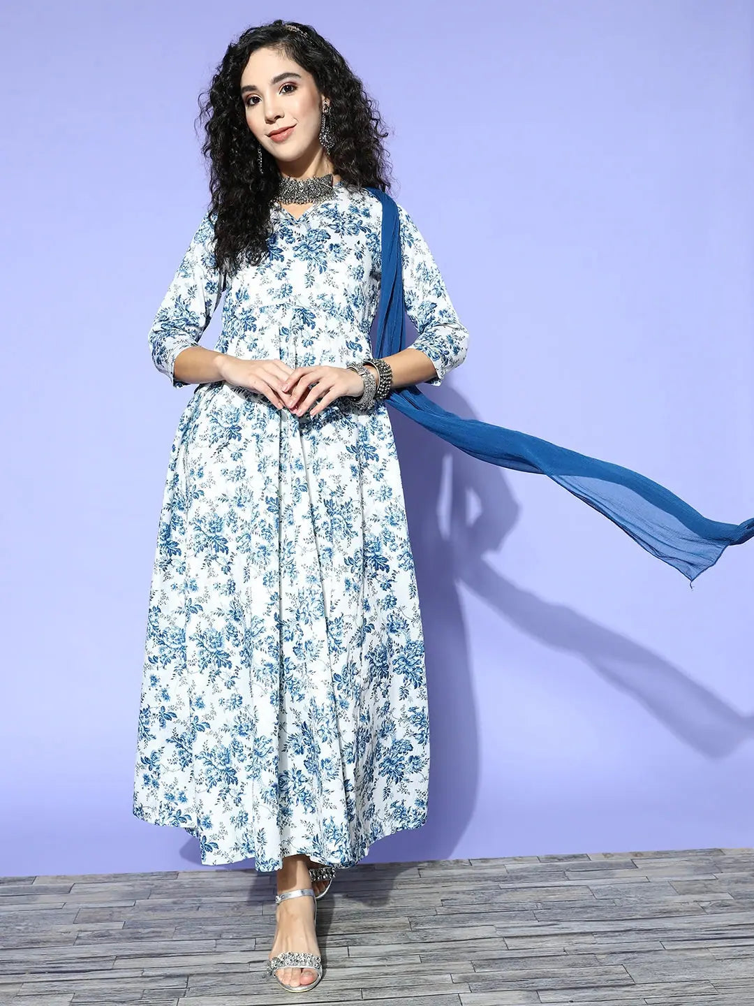 Blue Floral Chanderi Indian Dresses Online - Maxi Dress