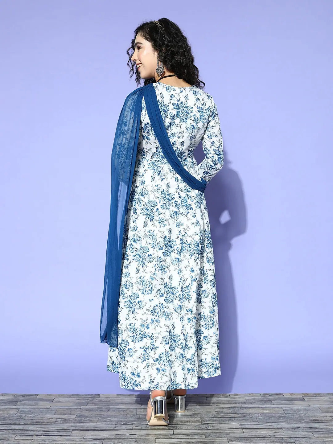 Blue Floral Chanderi Indian Dresses Online - Maxi Dress