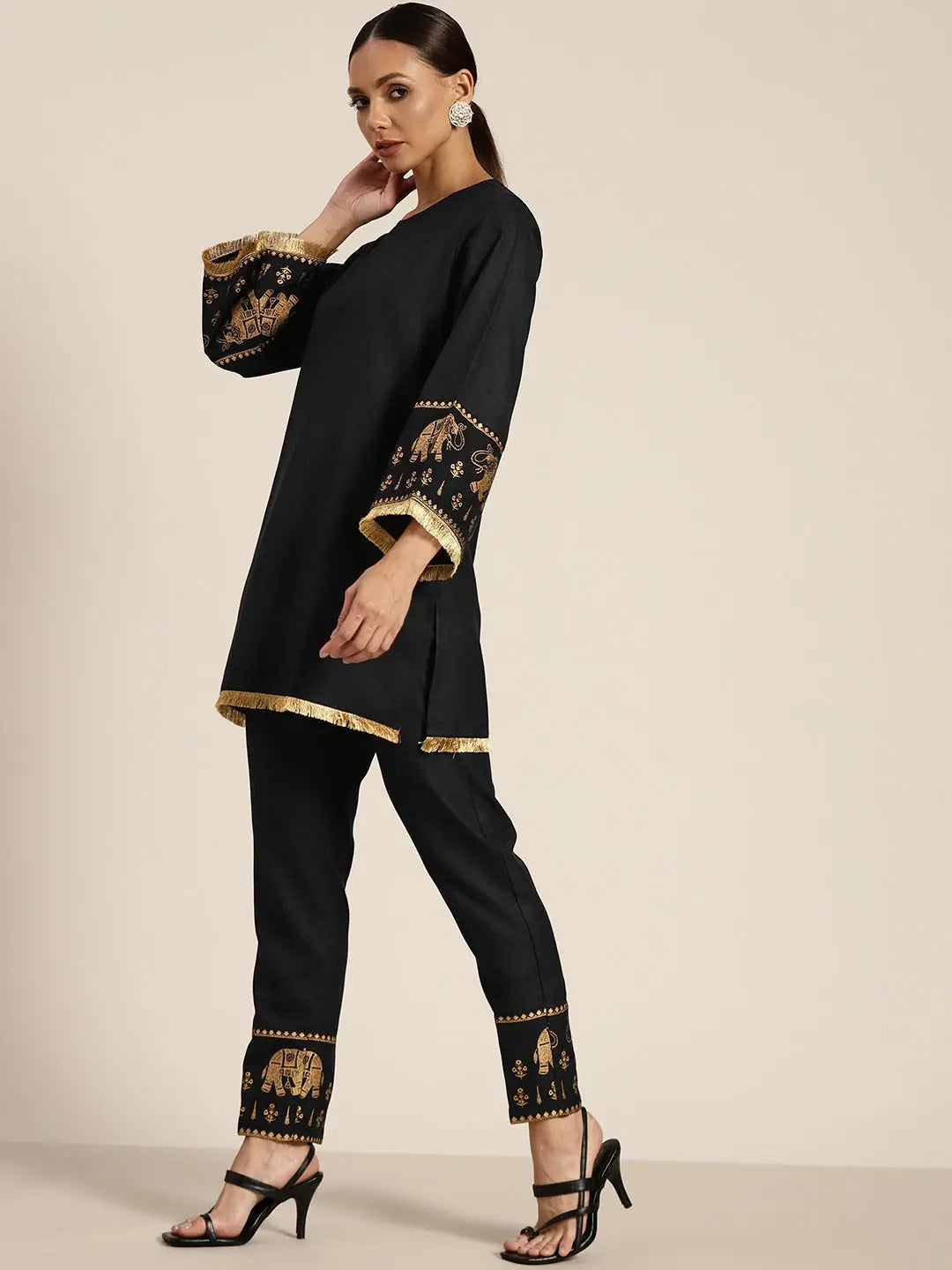 Black Elephant Print Kurta Pants Set | Women's Kurta Sets