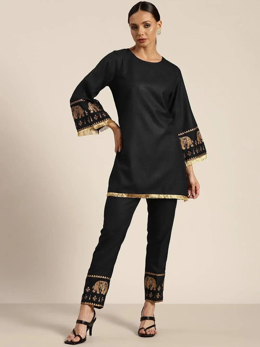 Black Elephant Print Kurta Pants Set | Women's Kurta Sets