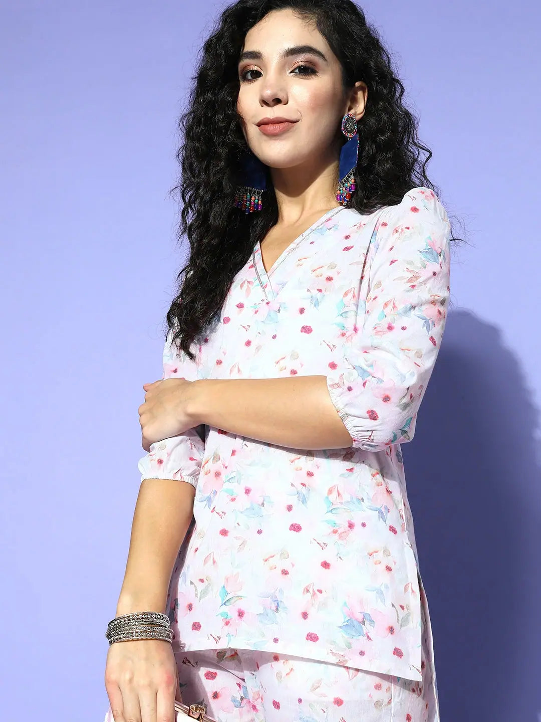 White Floral Cotton Top & Pants Set | Designer Kurta Sets