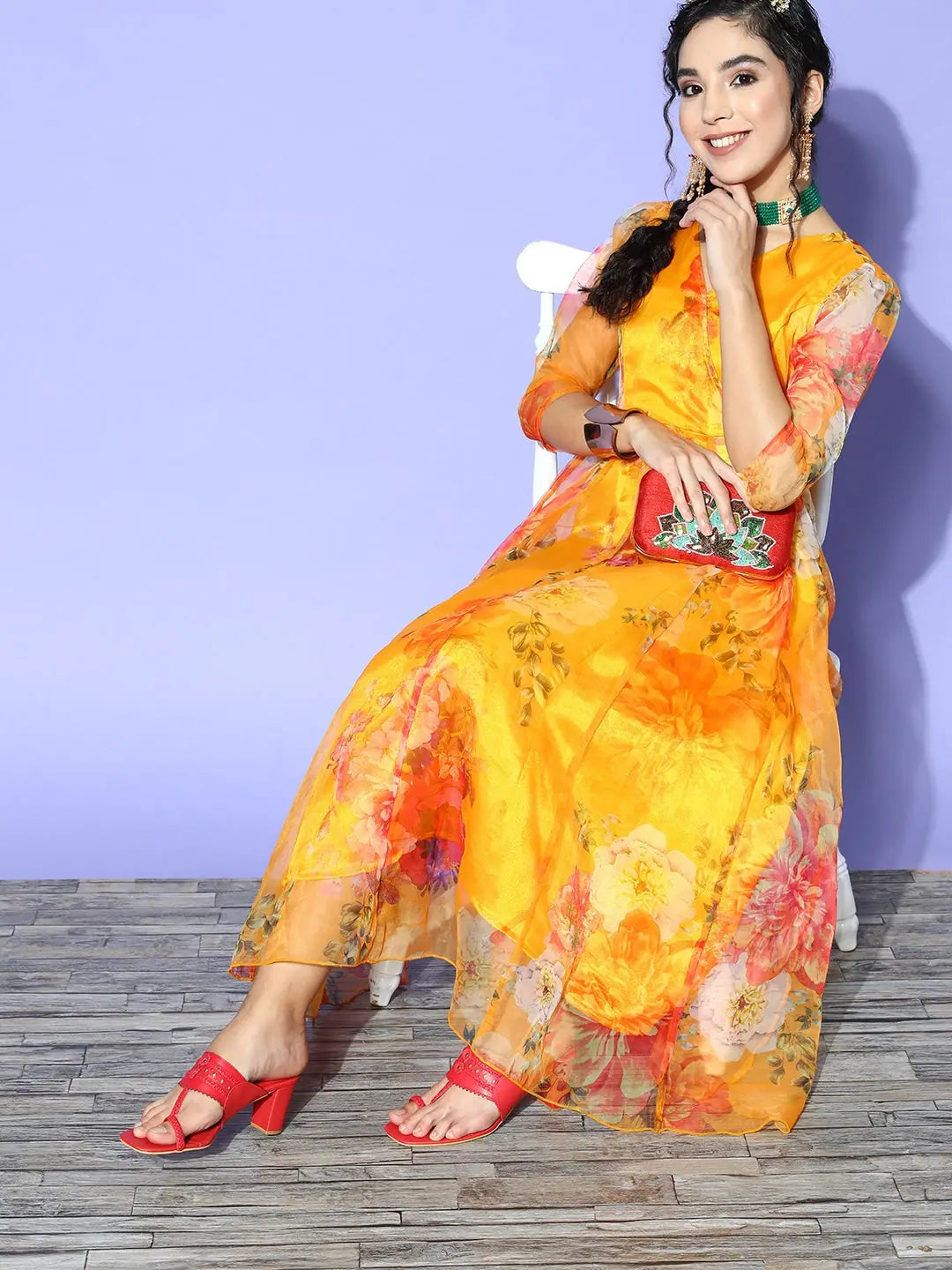Yellow Floral Organza Anarkali Maxi Dress | Anarkali Dress