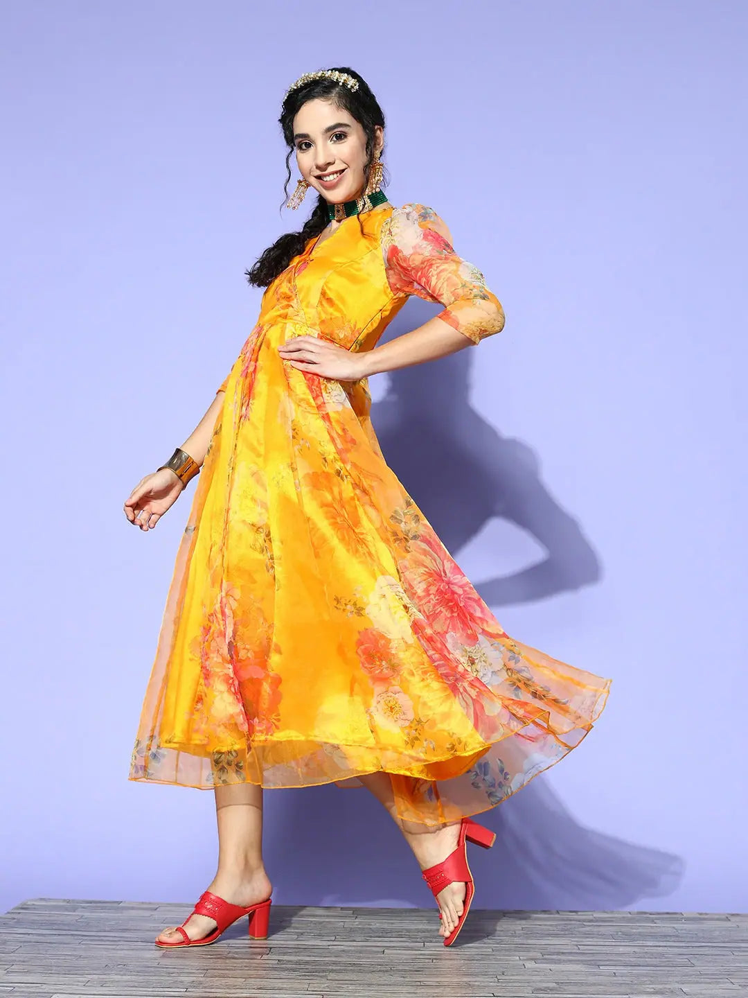 Yellow Floral Organza Anarkali Maxi Dress | Anarkali Dress