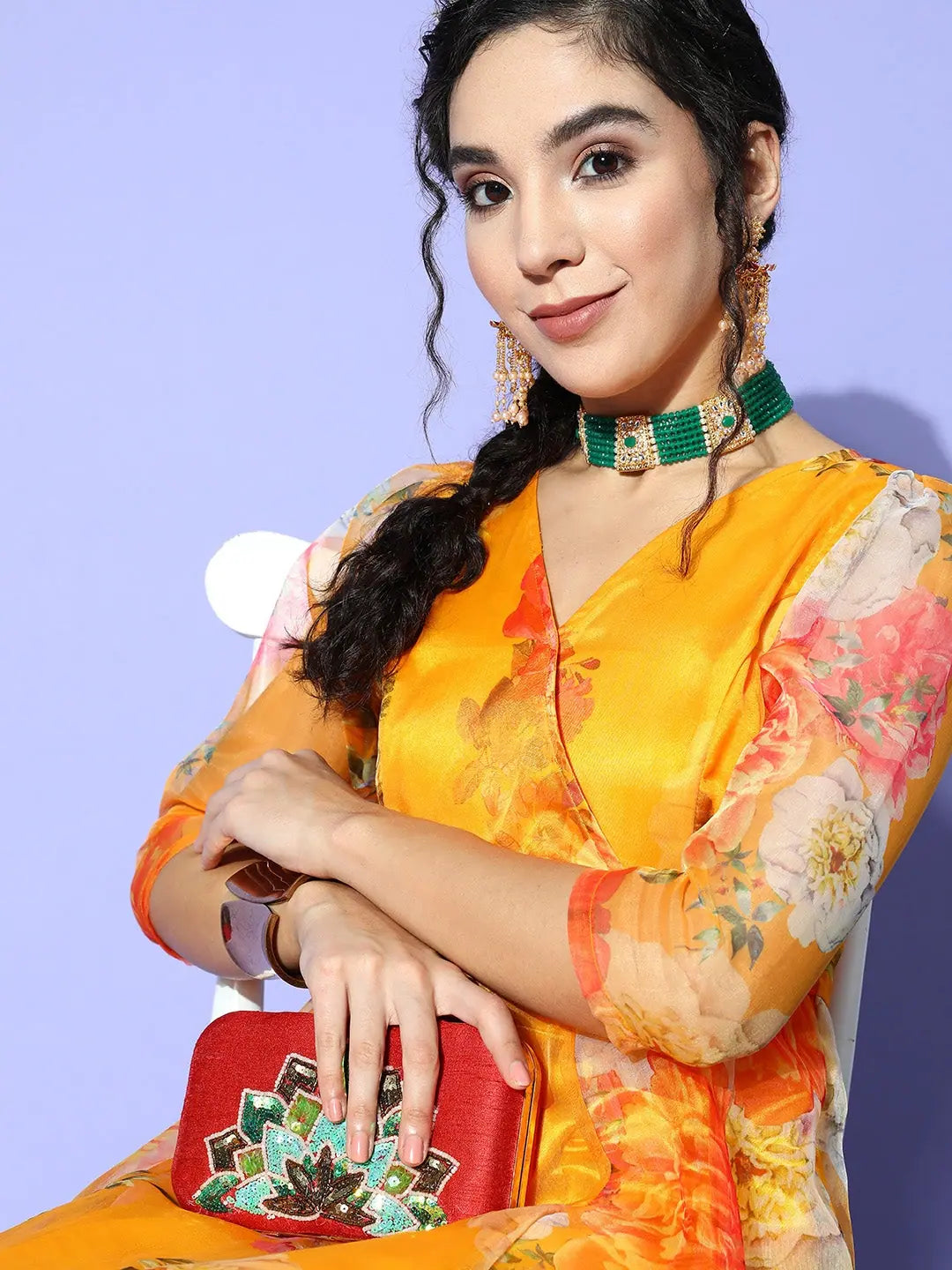 Yellow Floral Organza Anarkali Maxi Dress | Anarkali Dress