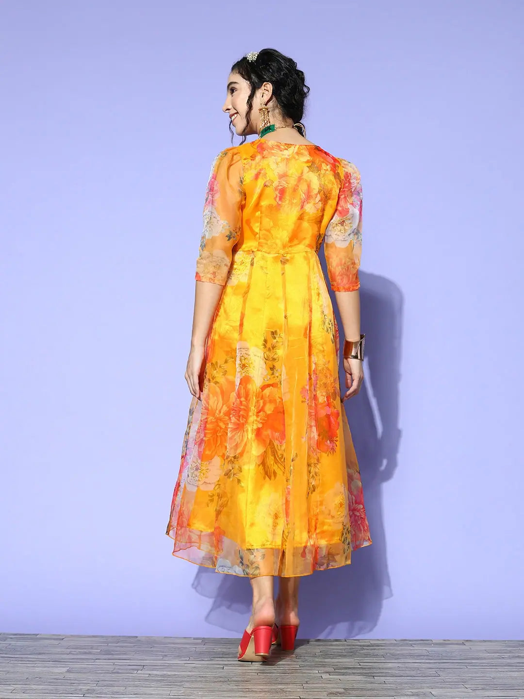 Yellow Floral Organza Anarkali Maxi Dress | Anarkali Dress