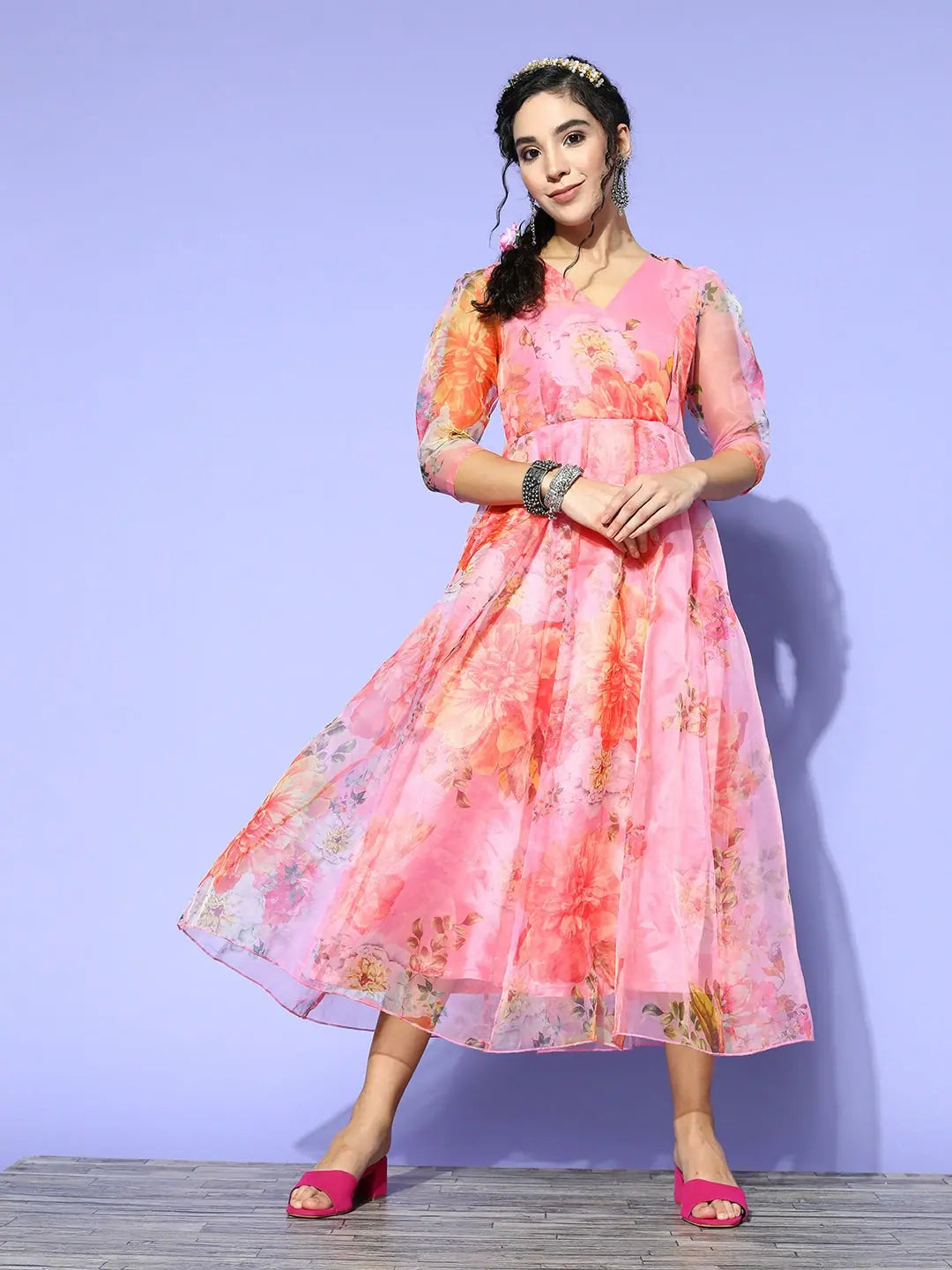Pink Floral Wrap Anarkali Maxi Dress | Anarkali Gown
