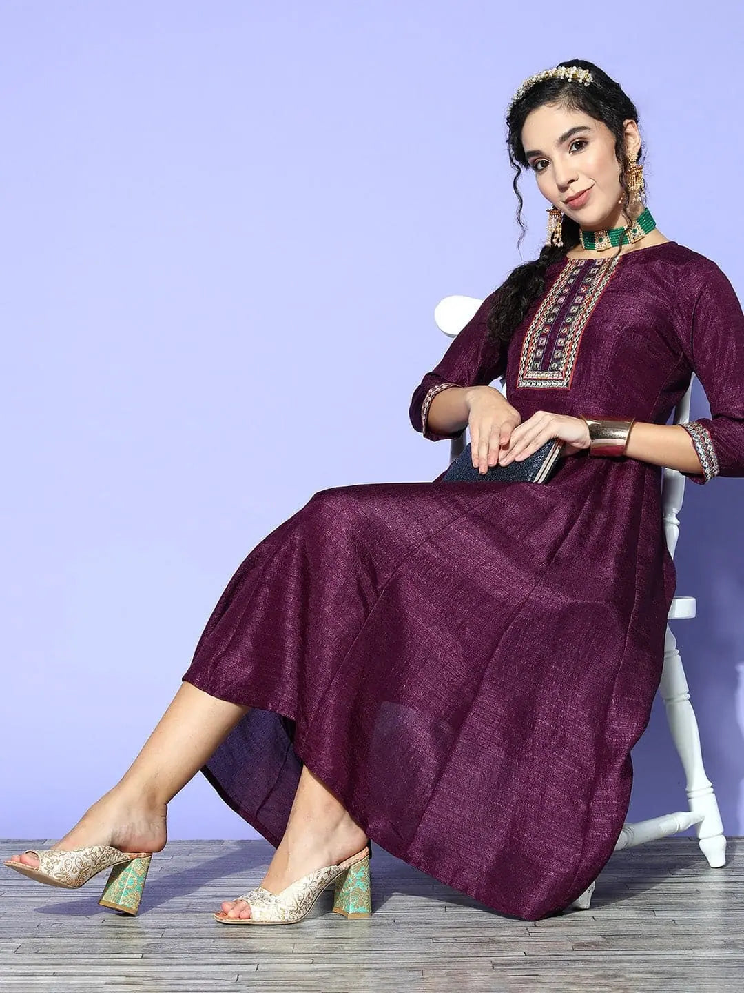Burgundy Mirror Embroidered Anarkali Dress | Anarkali Kurtis