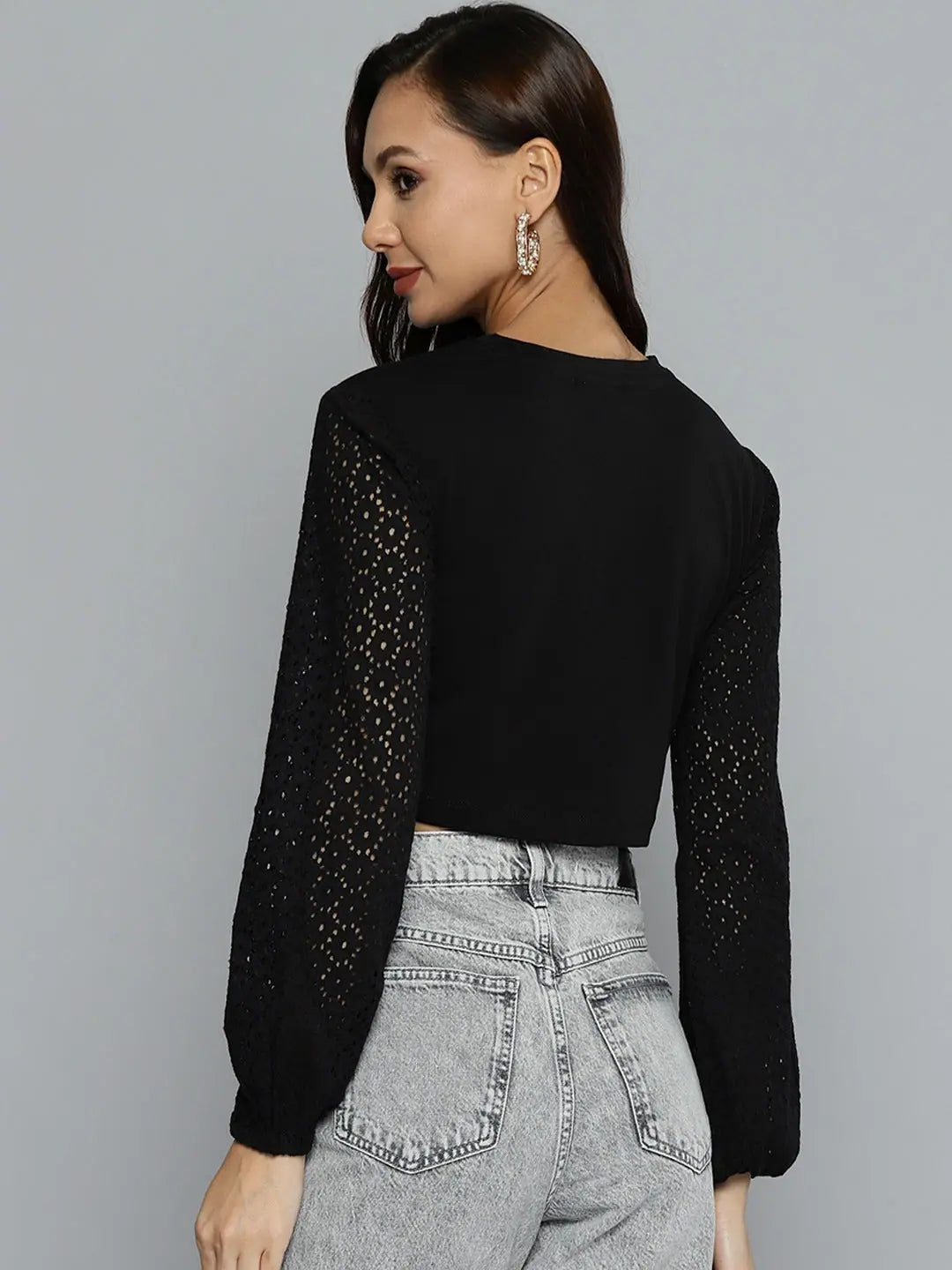 Black Schiffli Crop Top - Women's Cotton Designer Lehenga Style