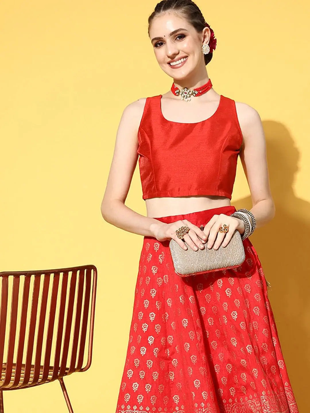 Red Sleeveless Lehenga Crop Top | Ethnic Lehenga for Women