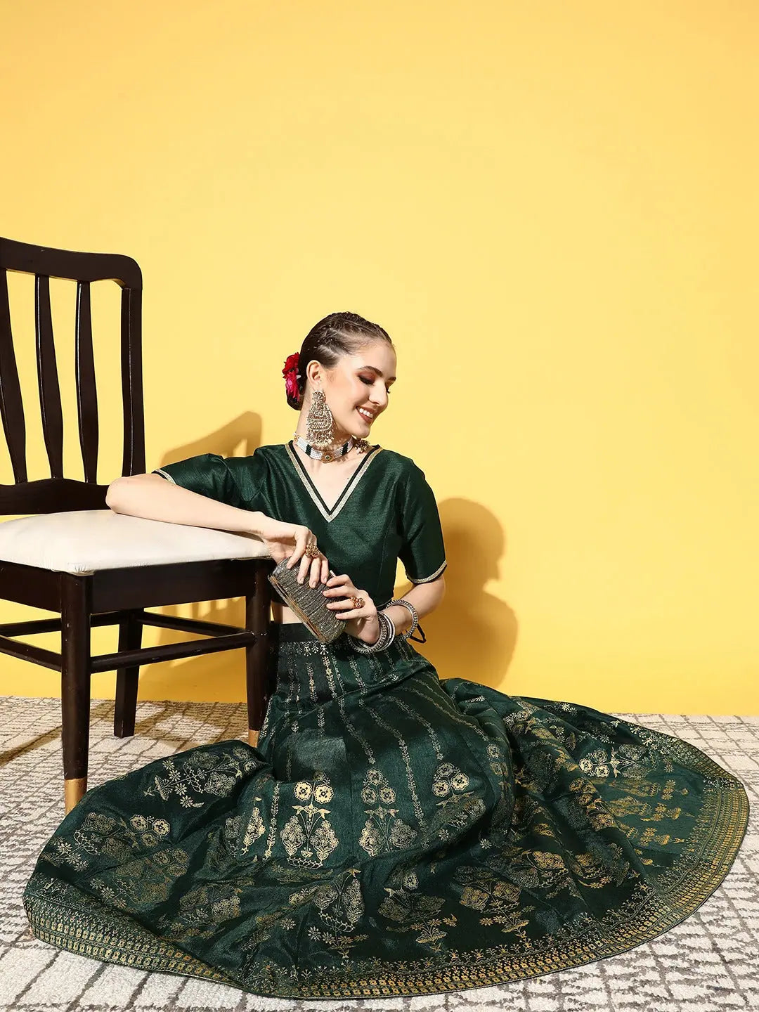 Emerald Green Crop Top | Women's Lehenga Choli Ensemble