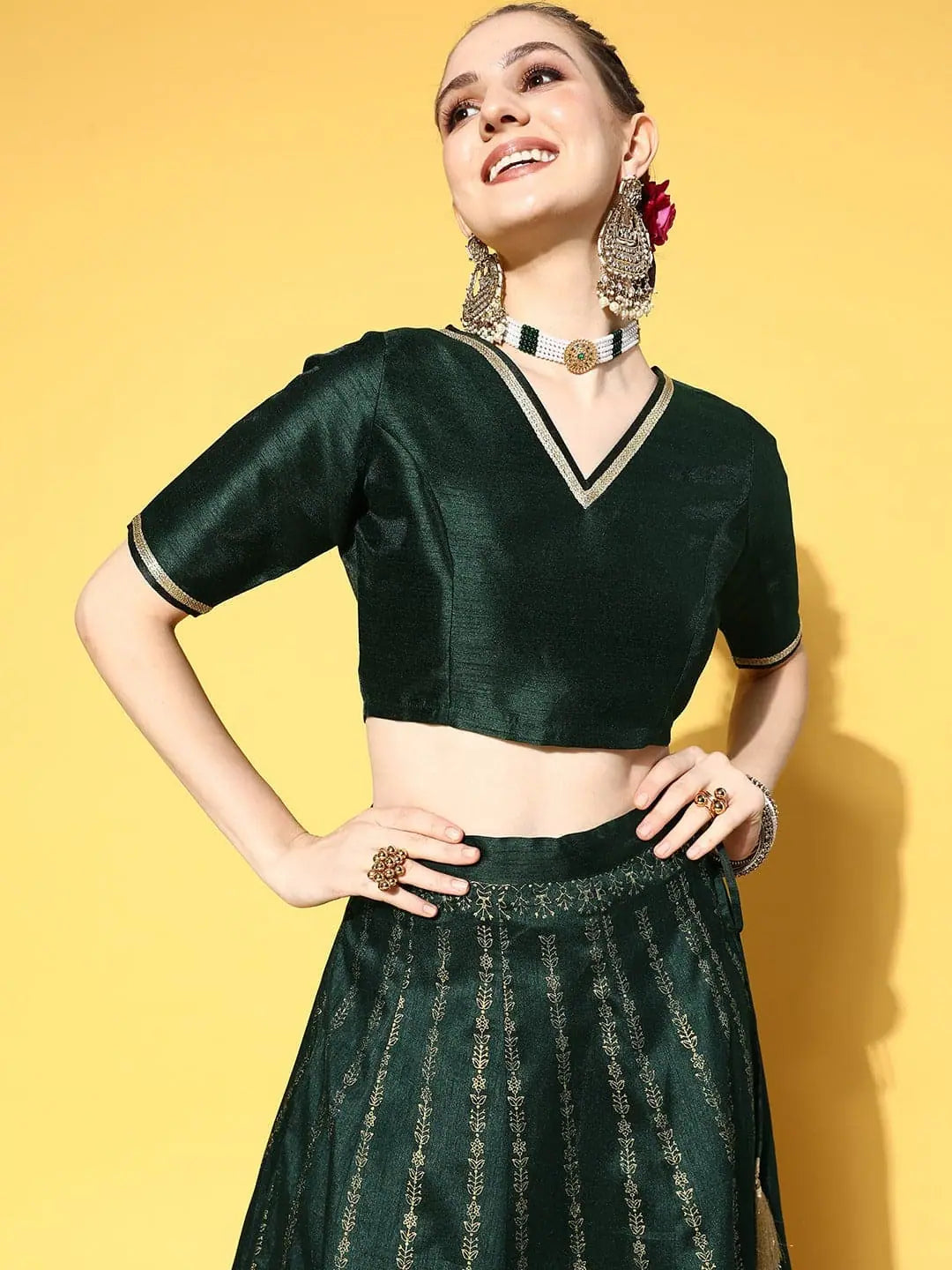 Emerald Green Crop Top | Women's Lehenga Choli Ensemble