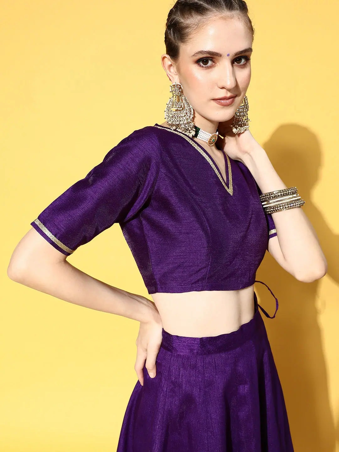 Purple V Neck Crop Top | Traditional Indian Lehenga Look