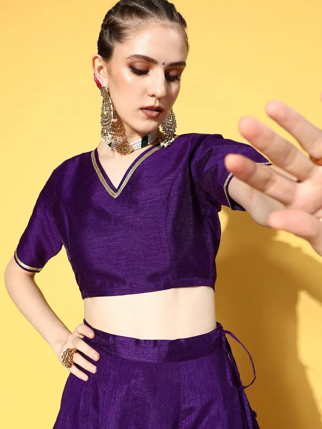 Purple V Neck Crop Top | Traditional Indian Lehenga Look