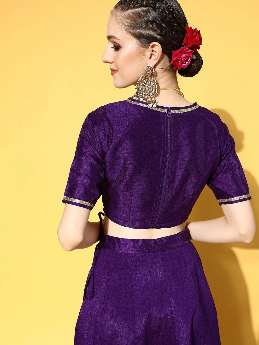Purple V Neck Crop Top | Traditional Indian Lehenga Look