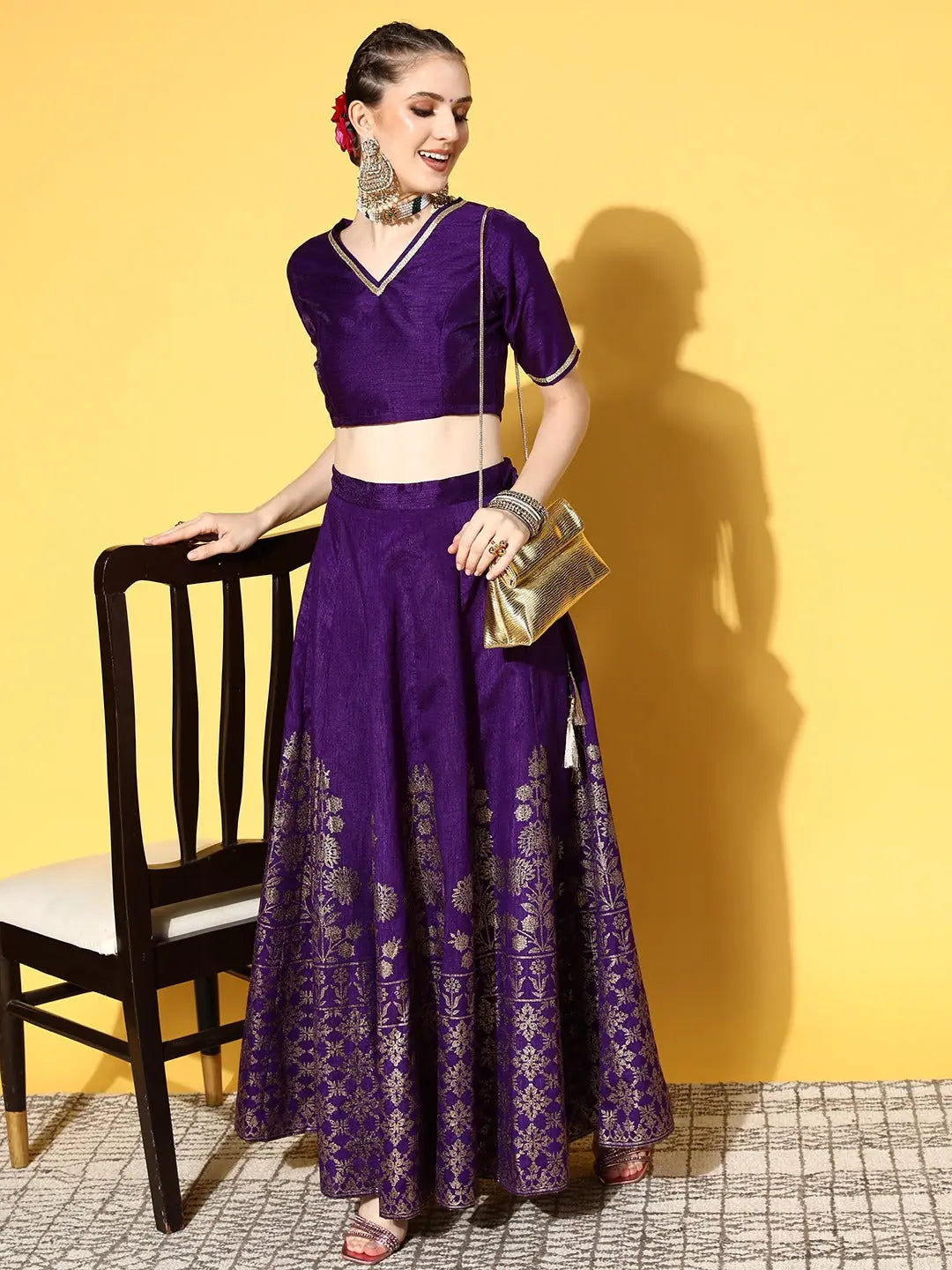 Purple V Neck Crop Top | Traditional Indian Lehenga Look