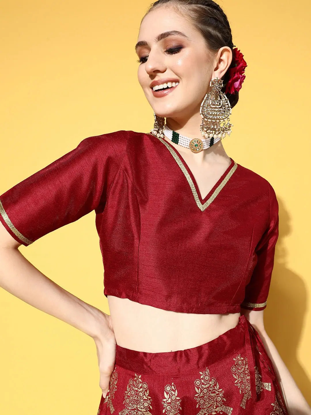 Maroon V Neck Crop Top | Women's Lehenga Choli Inspiration