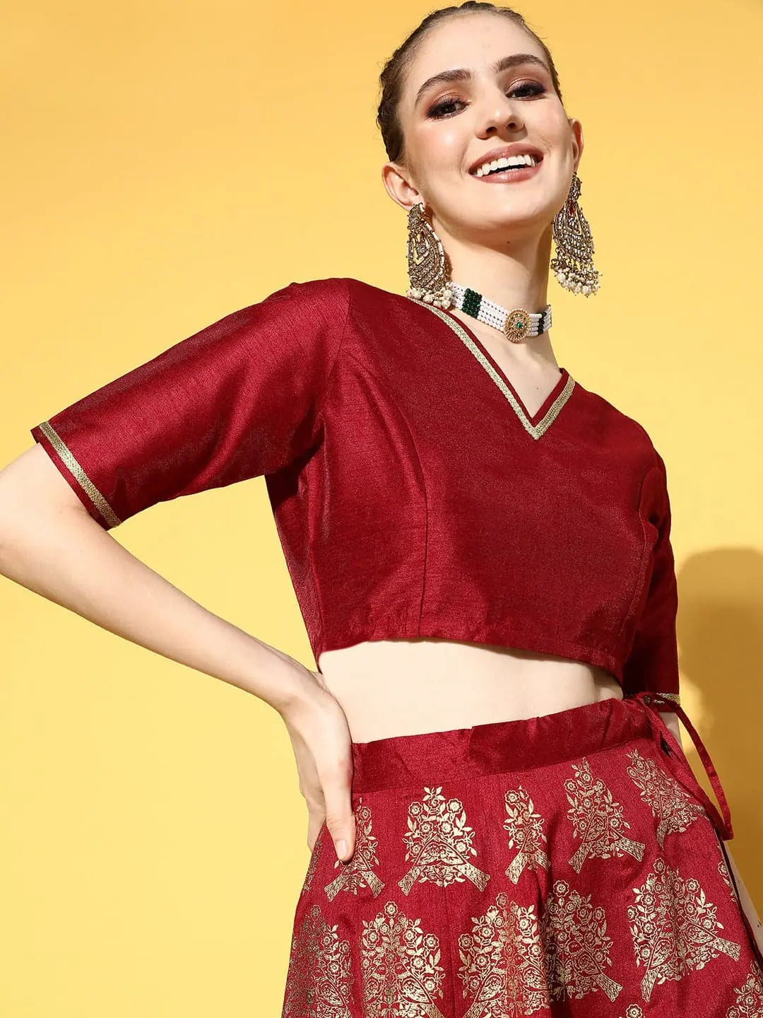 Maroon V Neck Crop Top | Women's Lehenga Choli Inspiration