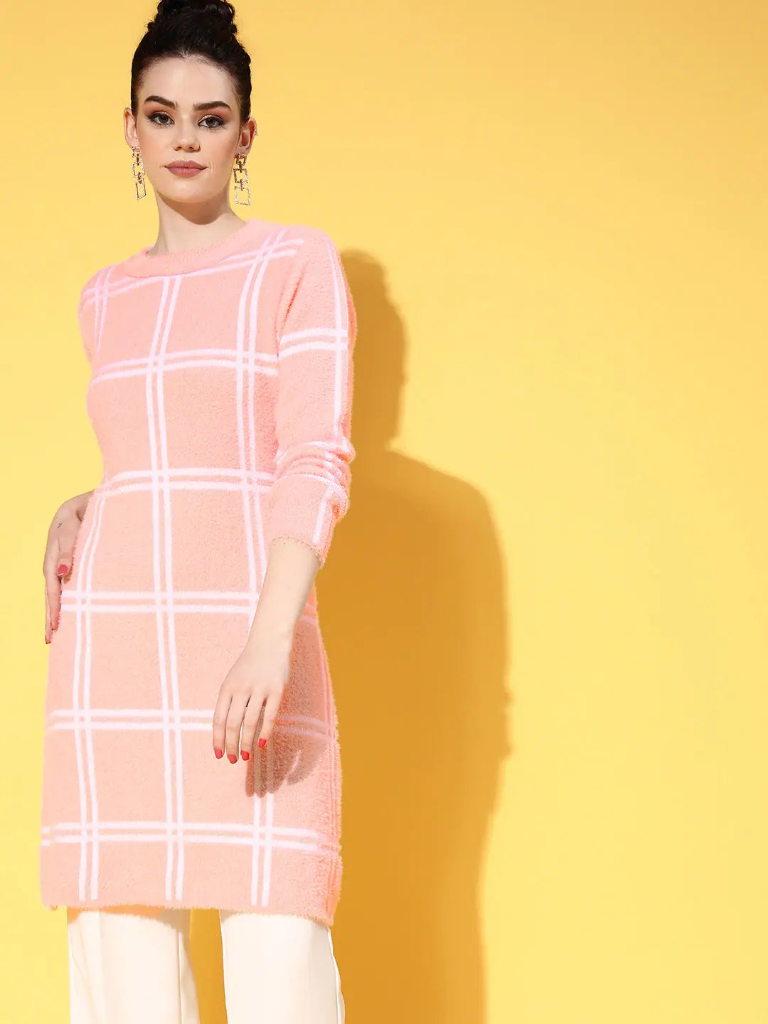 Pink & White Check Hair Wool Long Sweater for Women