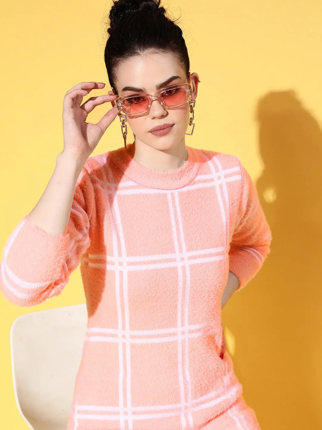 Pink & White Check Hair Wool Long Sweater for Women