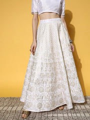 Women White Foil Print Anarkali Skirt