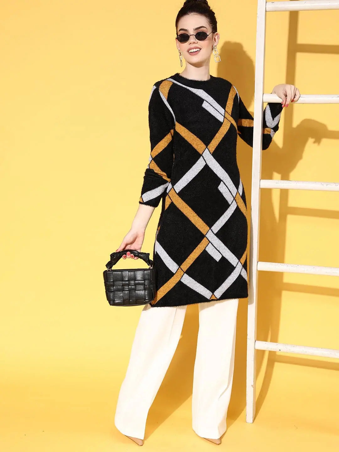 Women's Black & Mustard Check Hair Wool Long Sweater