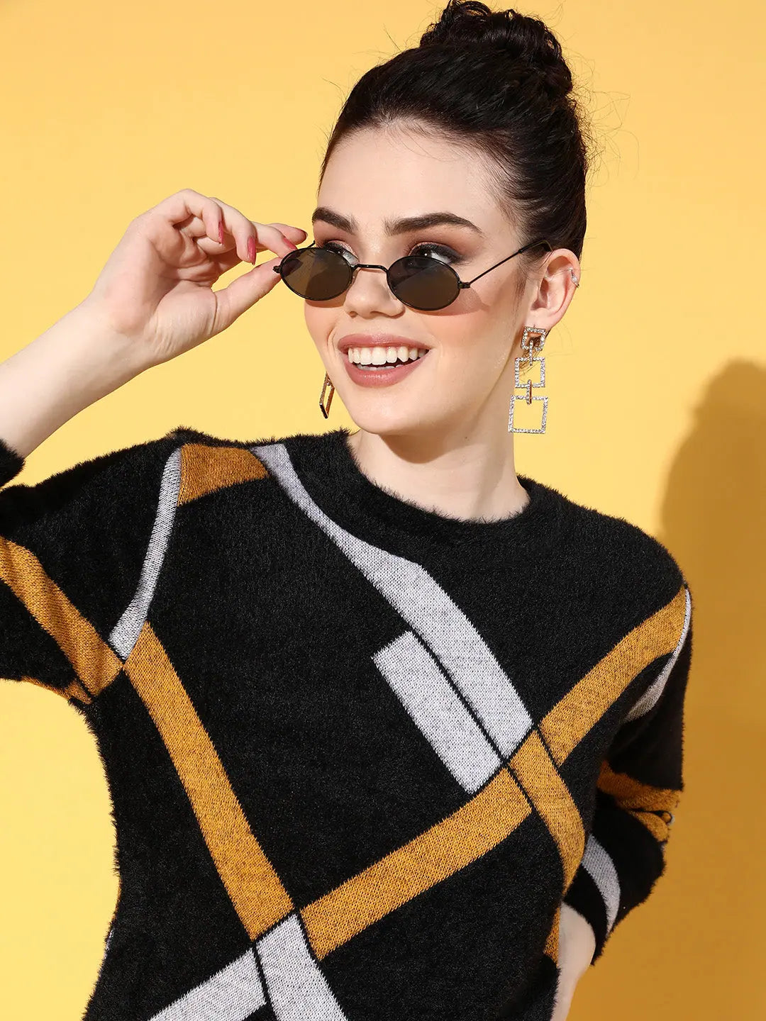 Women's Black & Mustard Check Hair Wool Long Sweater