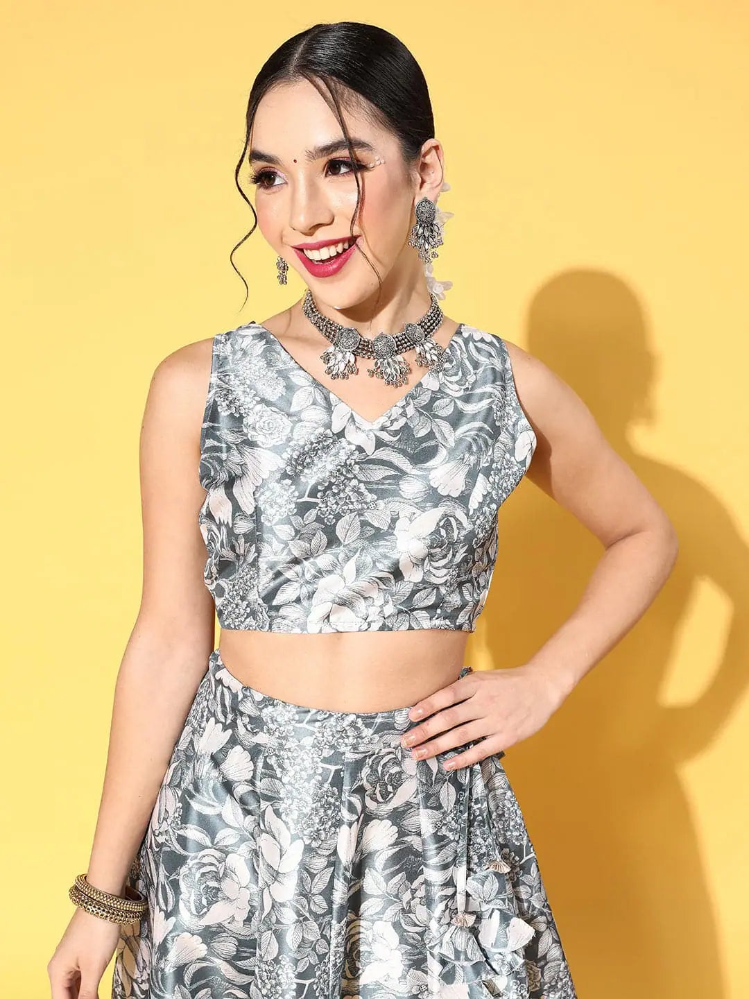 Blue Floral V Neck Crop Top - Women's Designer Top