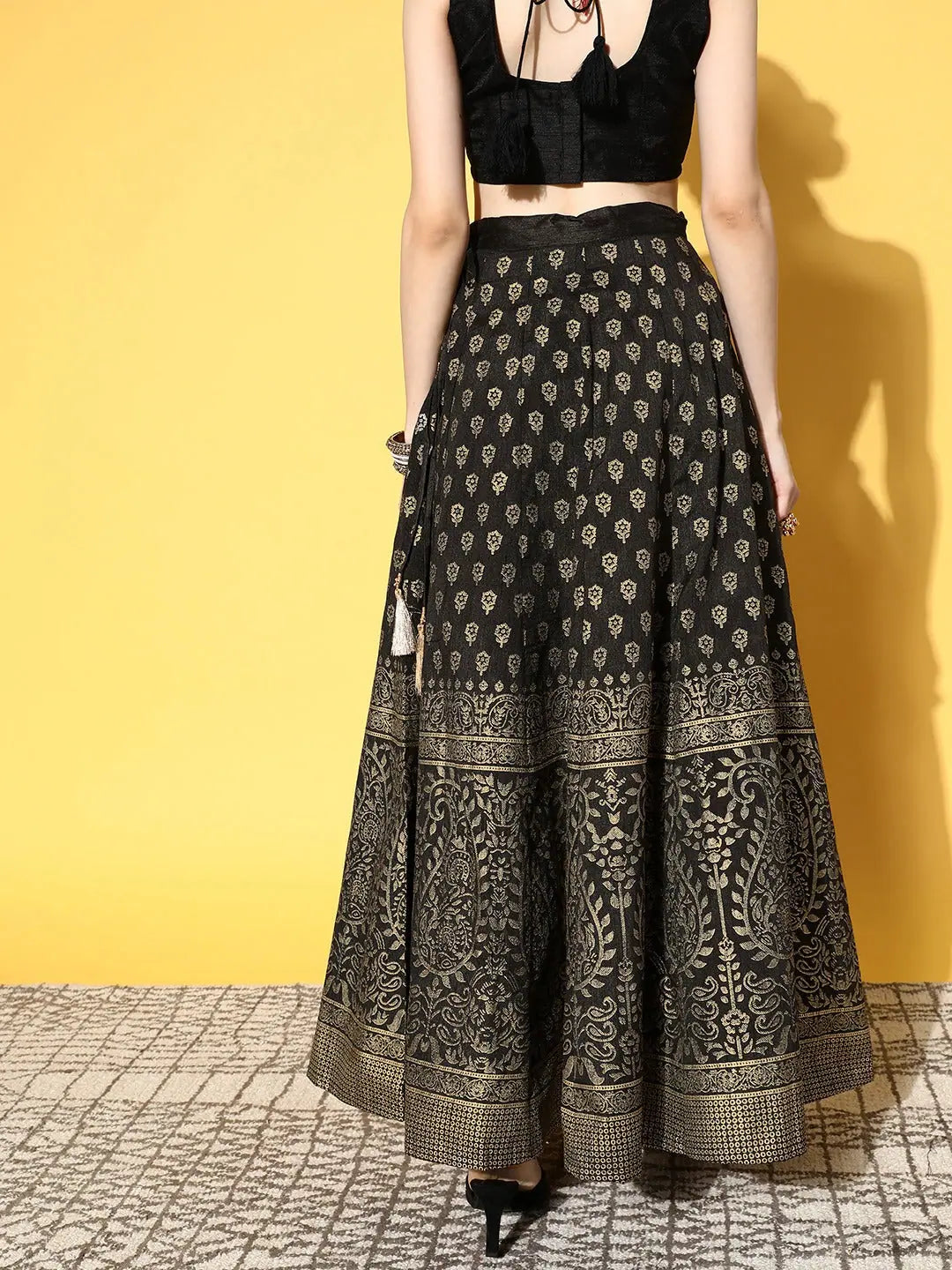 Black Paisley Foil Print Anarkali Skirt | Ethnic Skirts