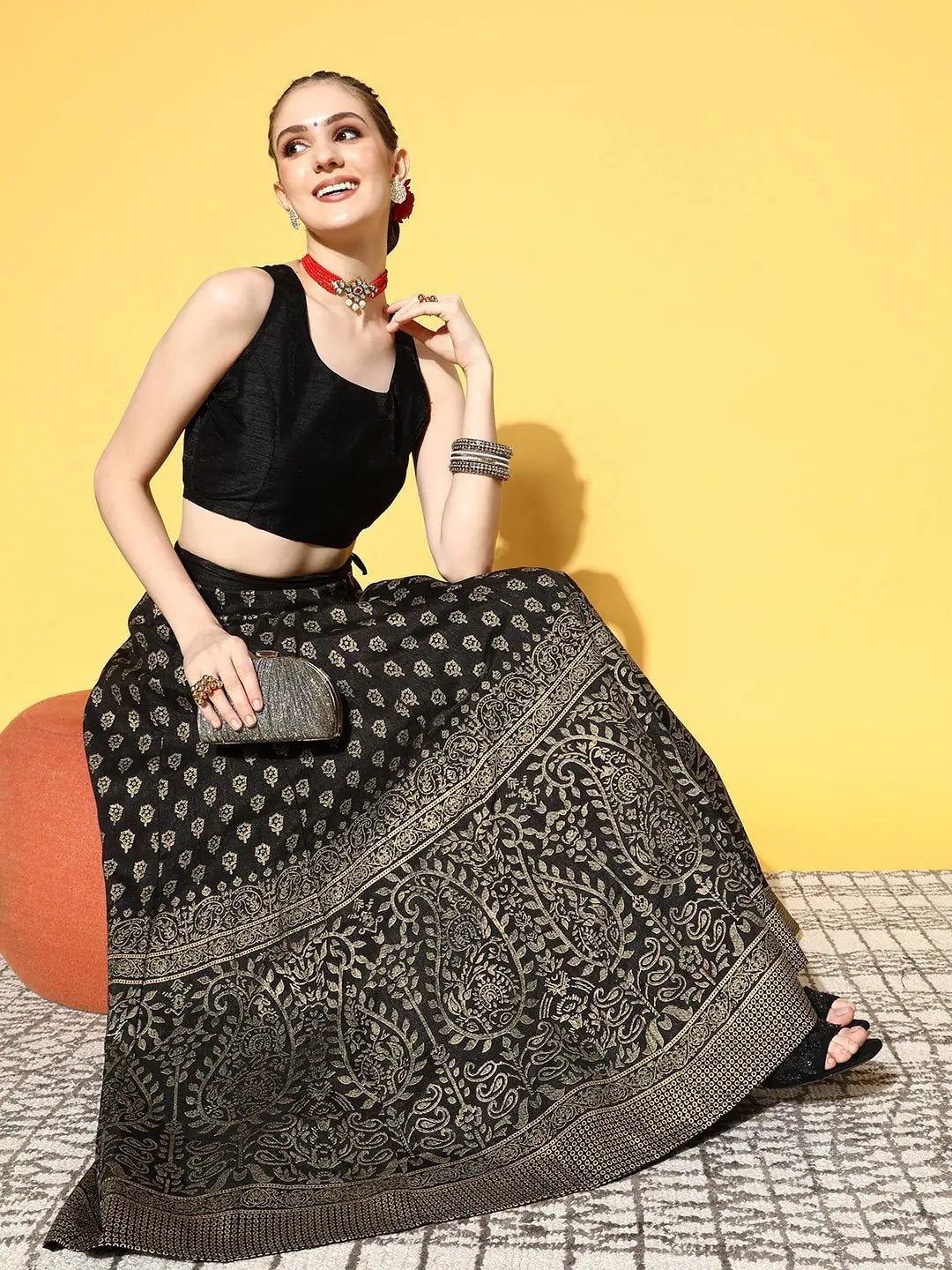 Black Paisley Foil Print Anarkali Skirt | Ethnic Skirts