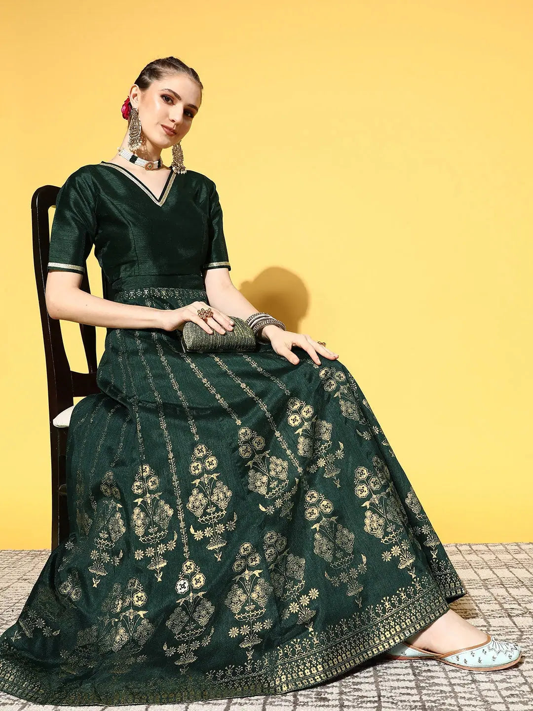 Emerald Green Foil Print Skirt - Printed Ethnic Skirts Online