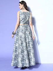 Women Blue Floral Crop Top with Anarkali Skirt