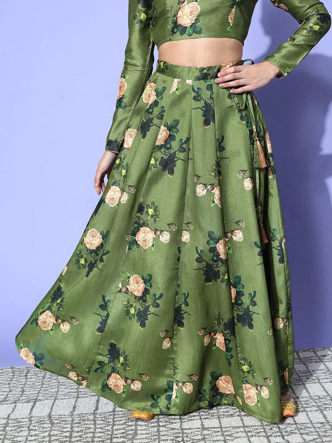 Green Floral Anarkali Skirt - Traditional Skirts for Women