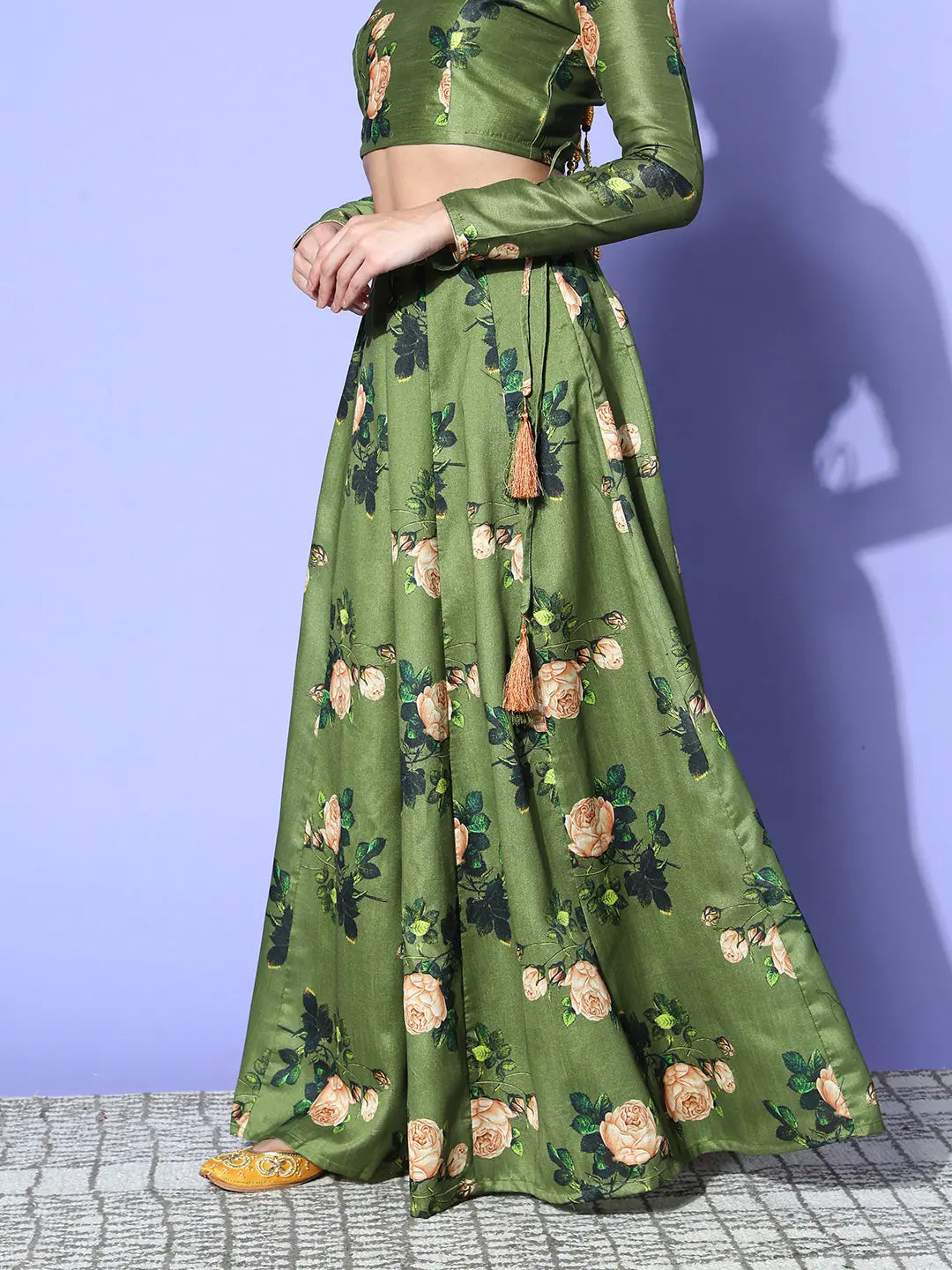 Green Floral Anarkali Skirt - Traditional Skirts for Women