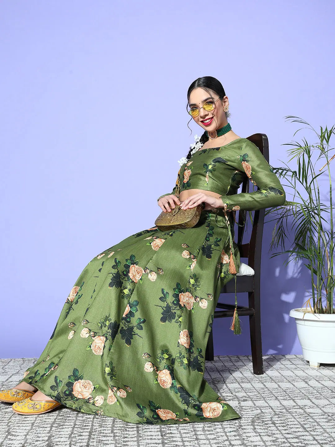 Green Floral Anarkali Skirt - Traditional Skirts for Women
