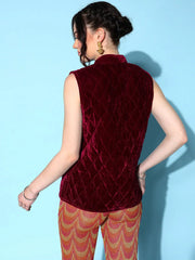 Women Solid Standard Burgundy Sleeveless Jacket