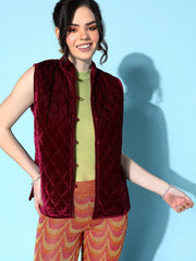 Women Solid Standard Burgundy Sleeveless Jacket