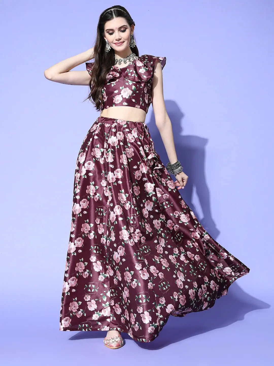 Burgundy Floral Lehenga Choli - Women's Party Wear Lehenga