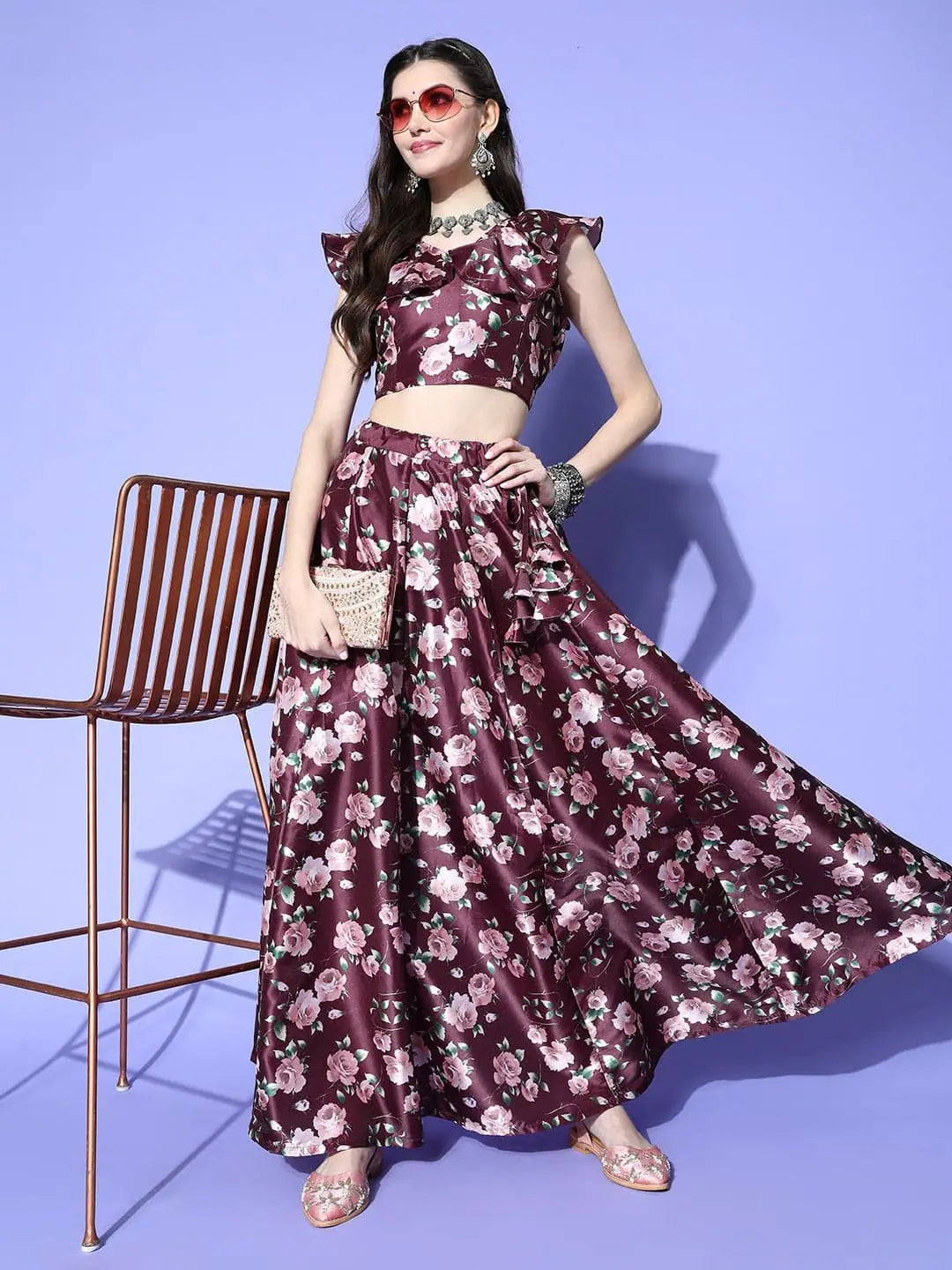 Burgundy Floral Lehenga Choli - Women's Party Wear Lehenga