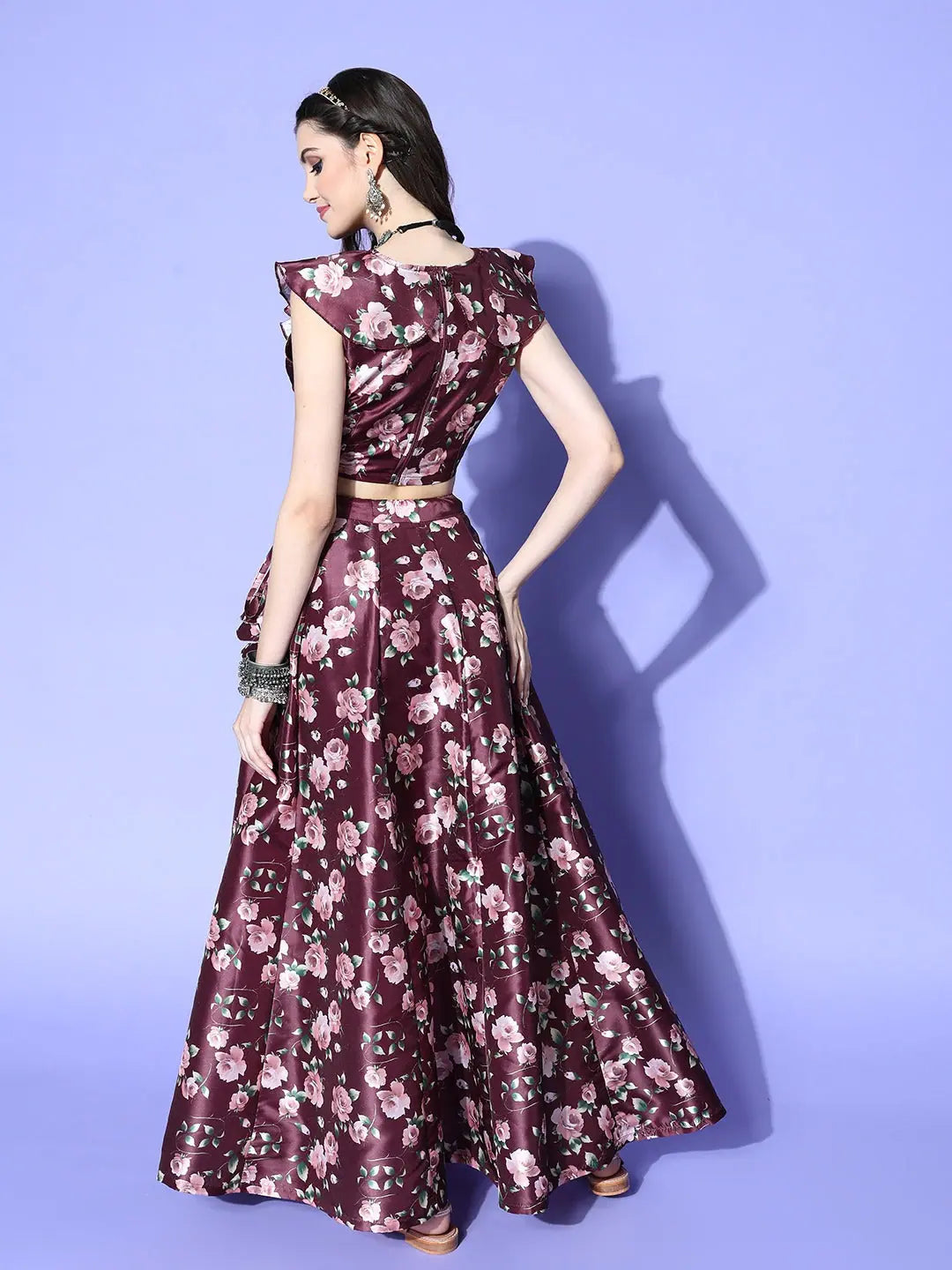 Burgundy Floral Lehenga Choli - Women's Party Wear Lehenga