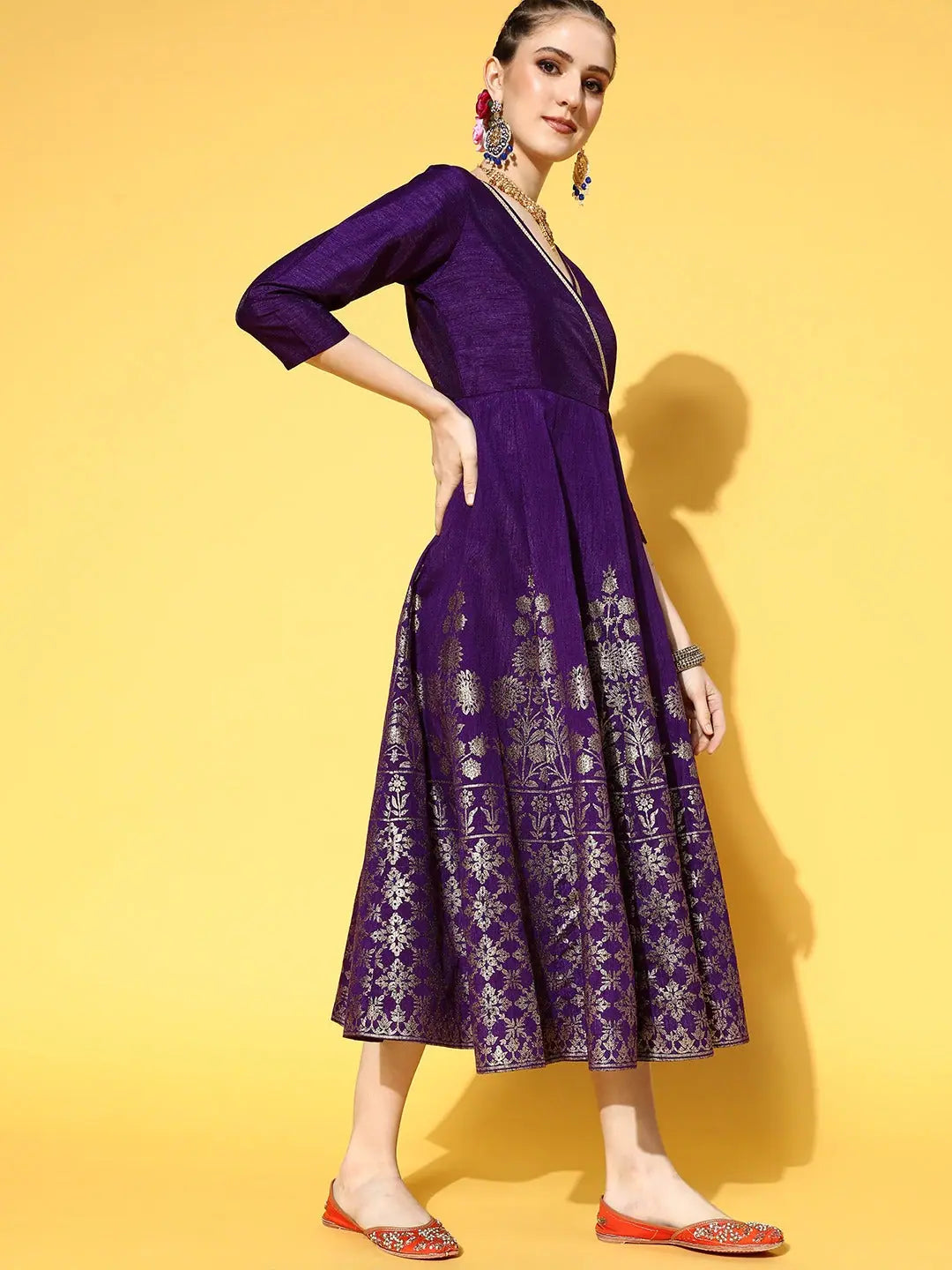 Purple Foil Print Anarkali Dress - Women's Wrap Anarkali Gown
