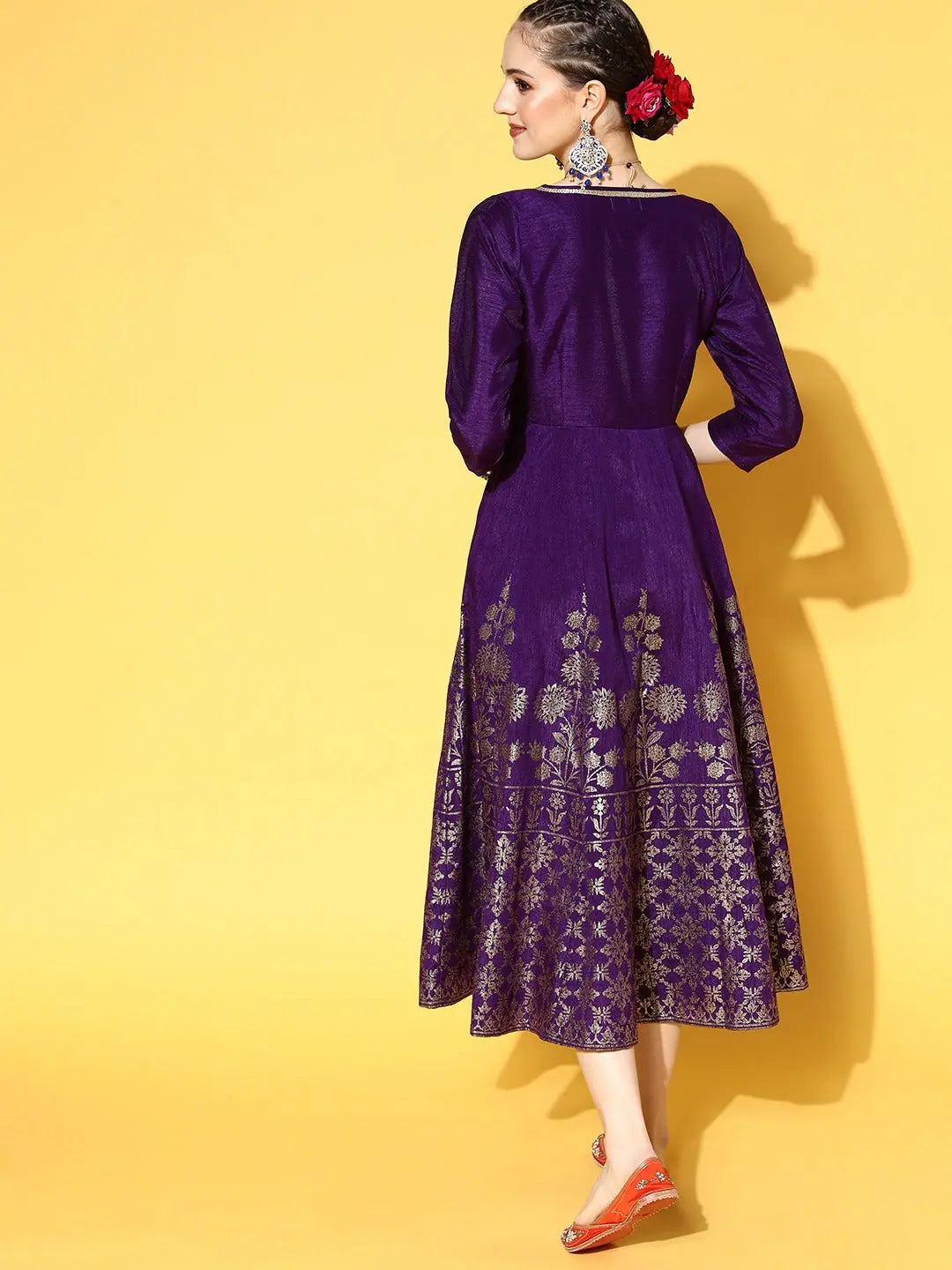 Purple Foil Print Anarkali Dress - Women's Wrap Anarkali Gown