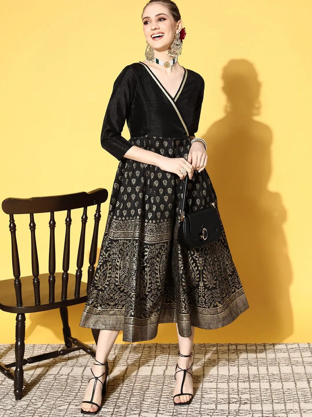 Black Paisley Anarkali Dress - Foil Print Women's Anarkali Kurti
