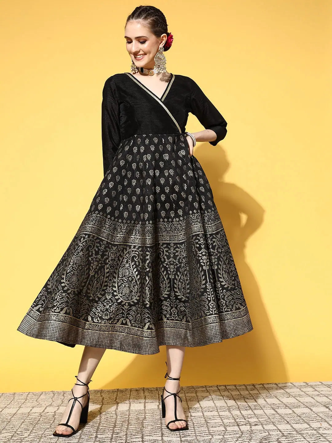 Black Paisley Anarkali Dress - Foil Print Women's Anarkali Kurti