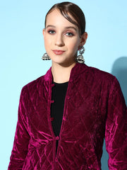 Women Solid Standard Burgundy Full Sleeve Jacket