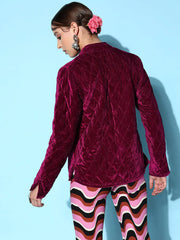 Women Solid Standard Burgundy Full Sleeve Jacket