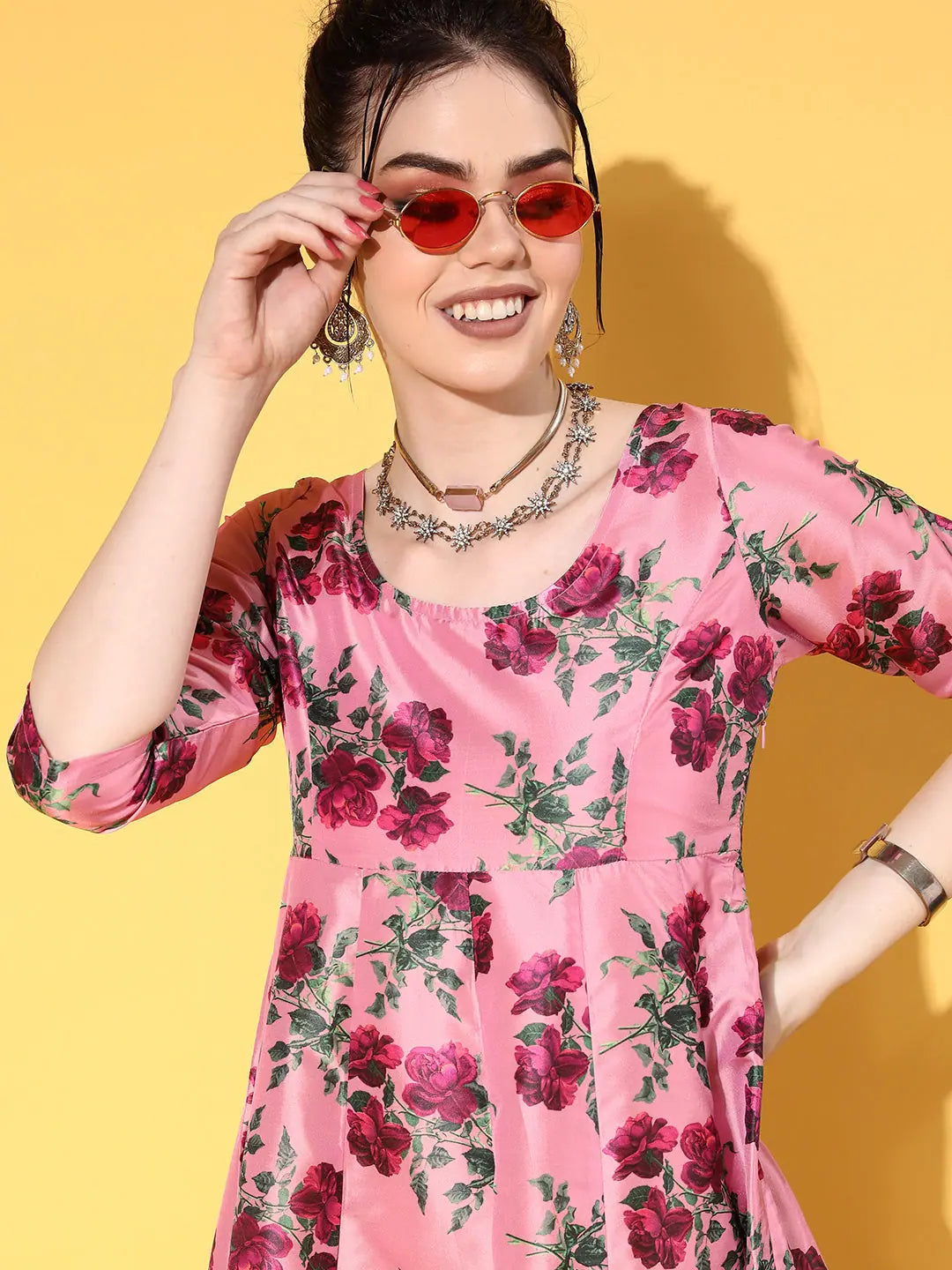 Pink Floral Anarkali Dress - Women's Anarkali Maxi Dress