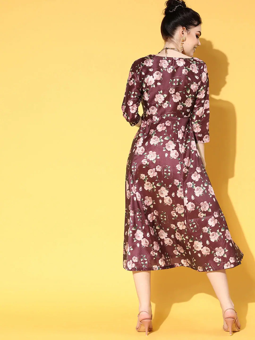 Burgundy Floral Anarkali Dress - Women's Taffeta Anarkali Gown