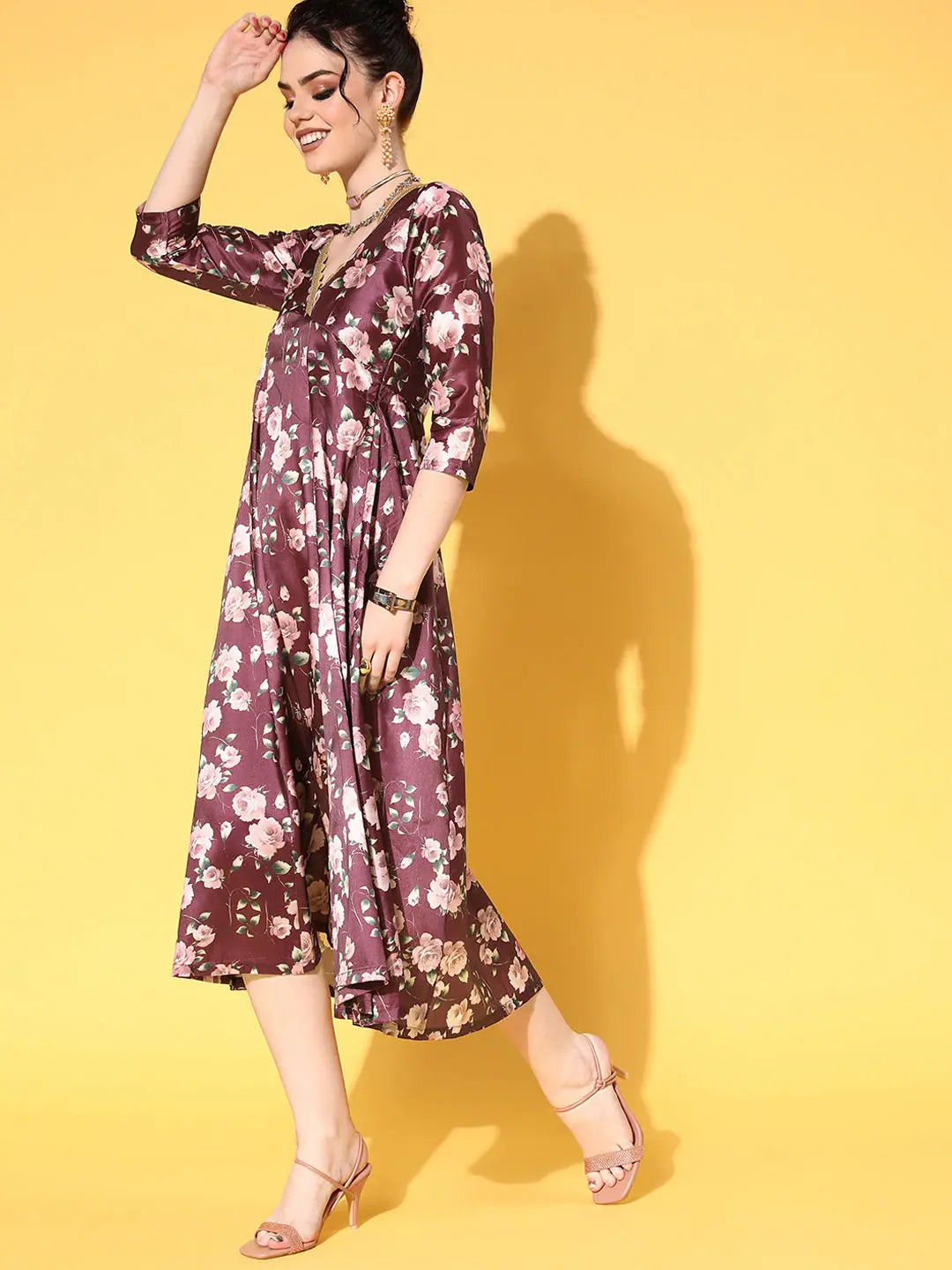 Burgundy Floral Anarkali Dress - Women's Taffeta Anarkali Gown