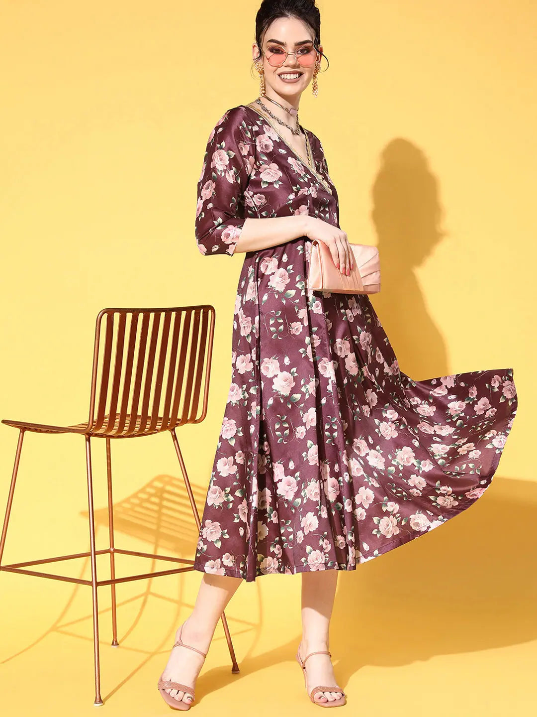 Burgundy Floral Anarkali Dress - Women's Taffeta Anarkali Gown